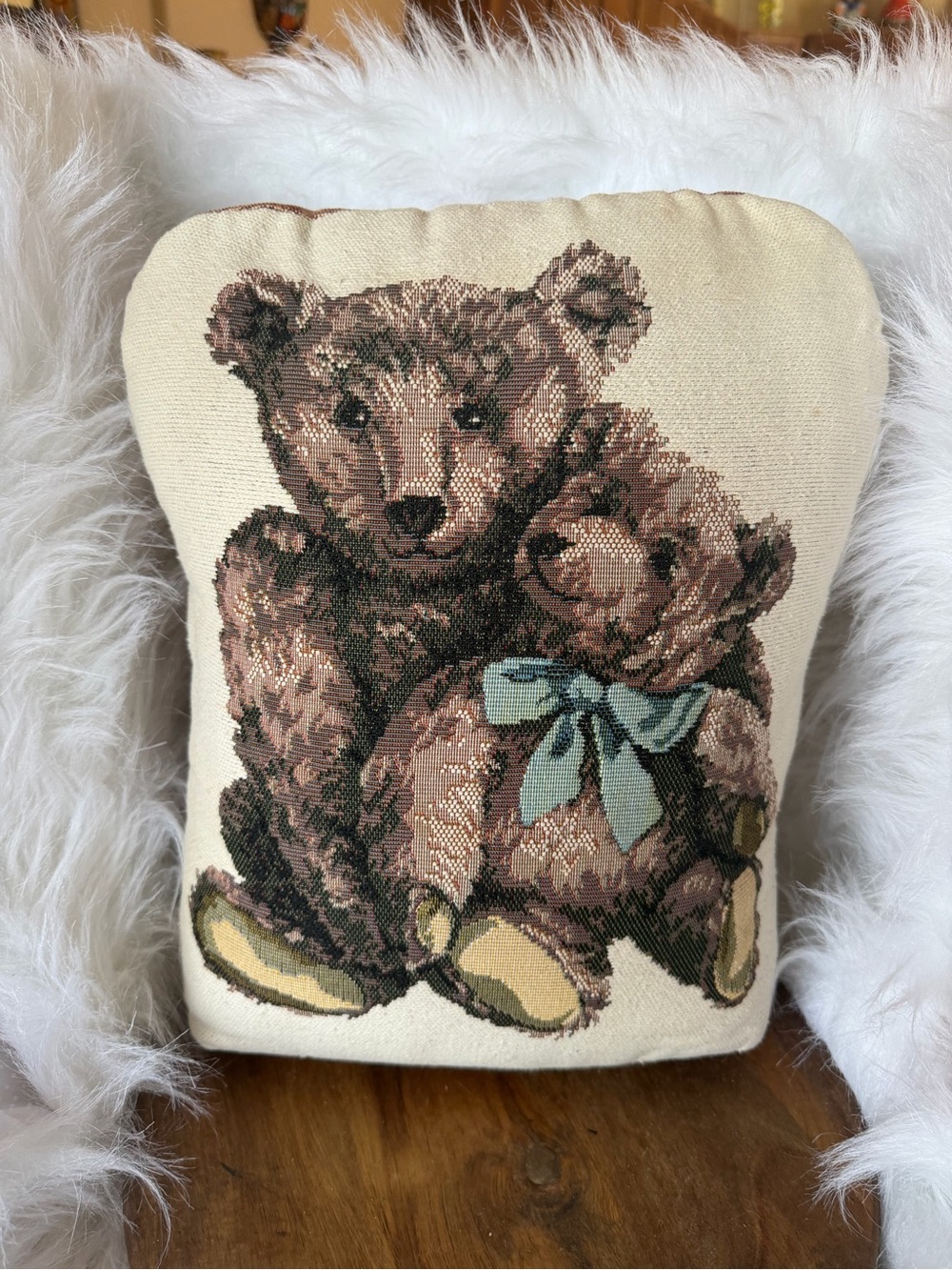 Handcrafted Teddy Bear Needlepoint Pillow - Cream with Brown Bears